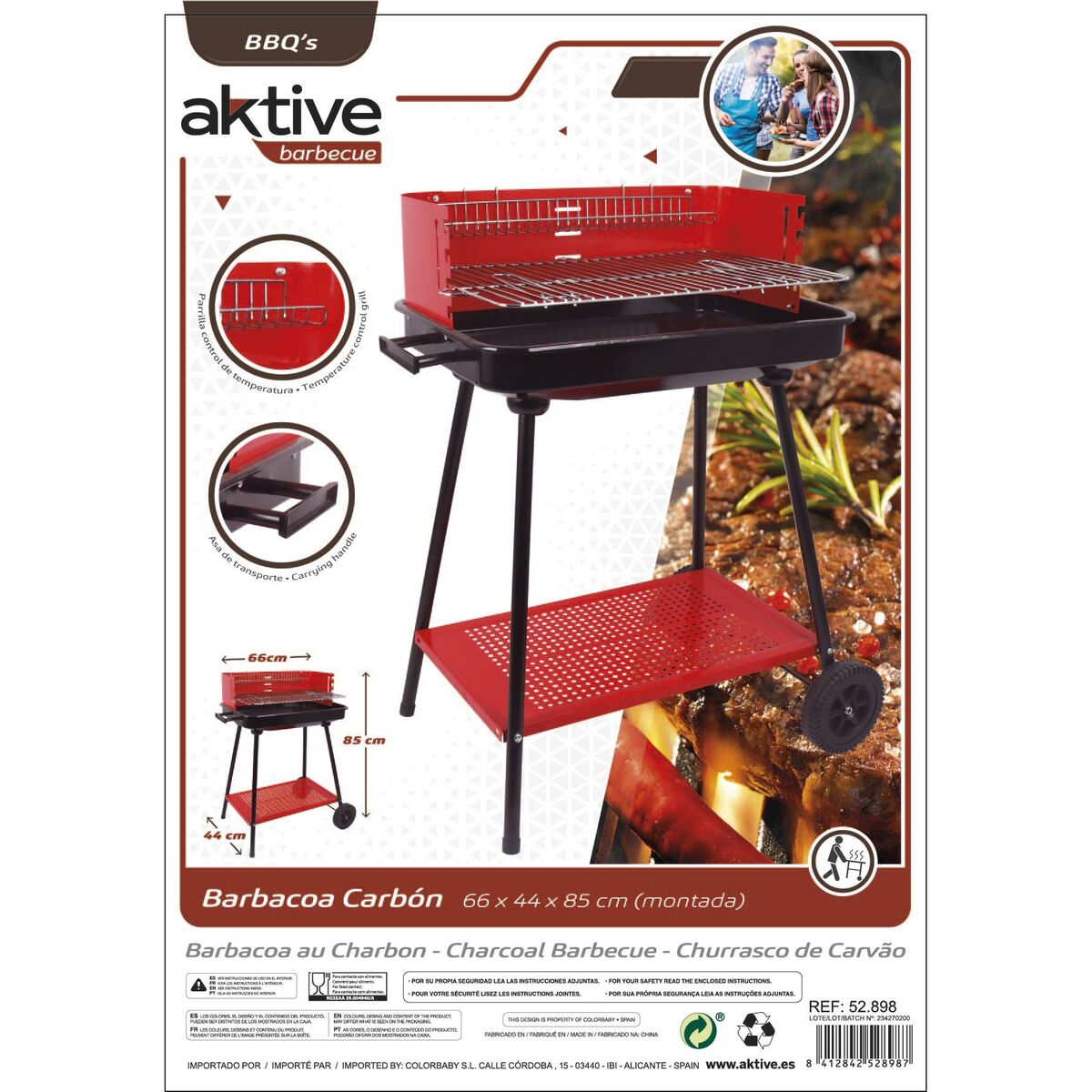 Barbecue a Carboni con Ruote Aktive Acciaio Plastica Metallo smaltato 66 x 85 x 44 cm Rosso - Immagine 6