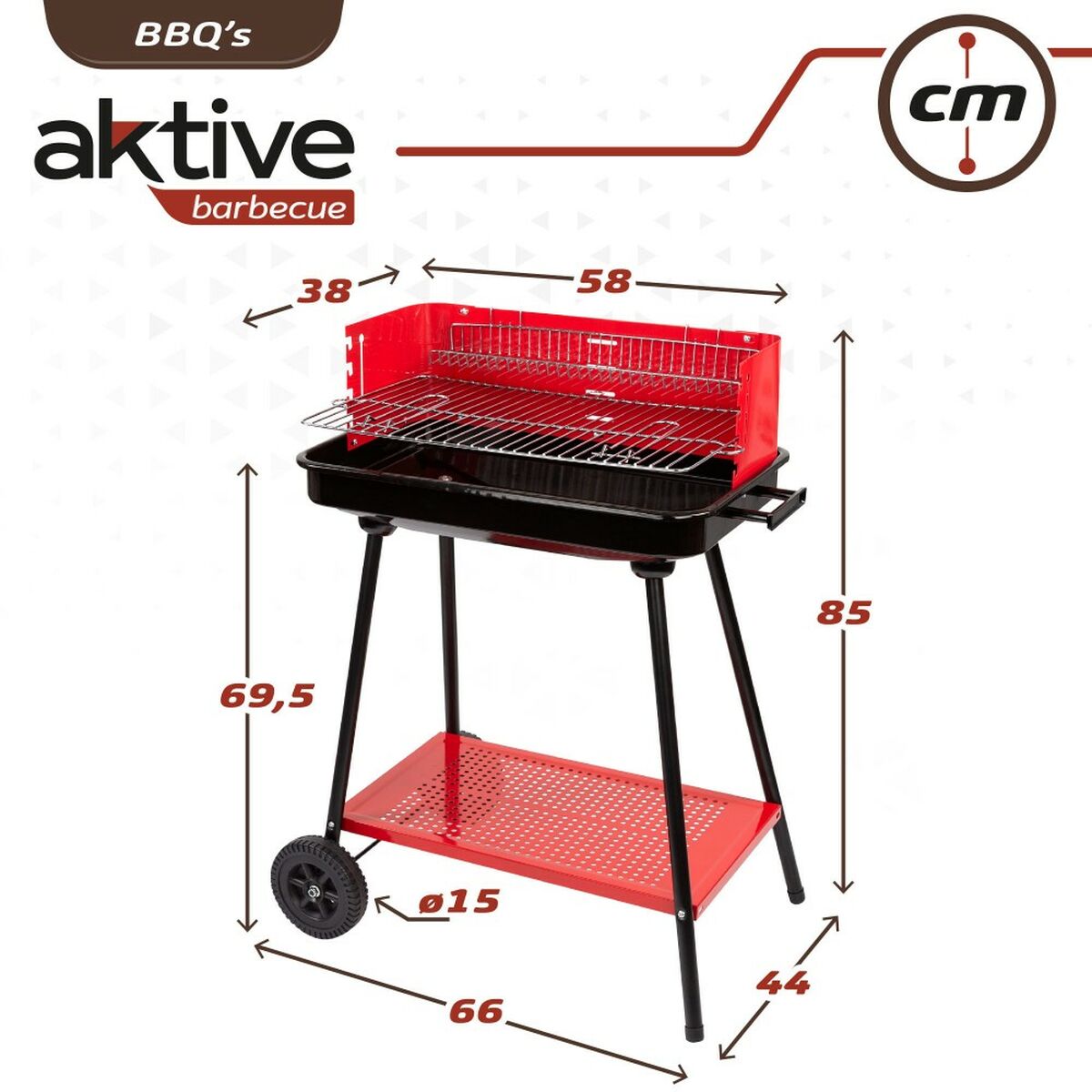 Barbecue a Carboni con Ruote Aktive Acciaio Plastica Metallo smaltato 66 x 85 x 44 cm Rosso - Immagine 5