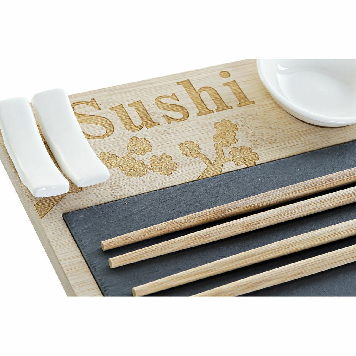 Set per Sushi DKD Home Decor PC-186227 Bianco Nero Naturale Bambù Lavagna Moderno Orientale 28,5 x 18,5 x 2,6 cm (9 Pezzi) (28,5 - Immagine 2
