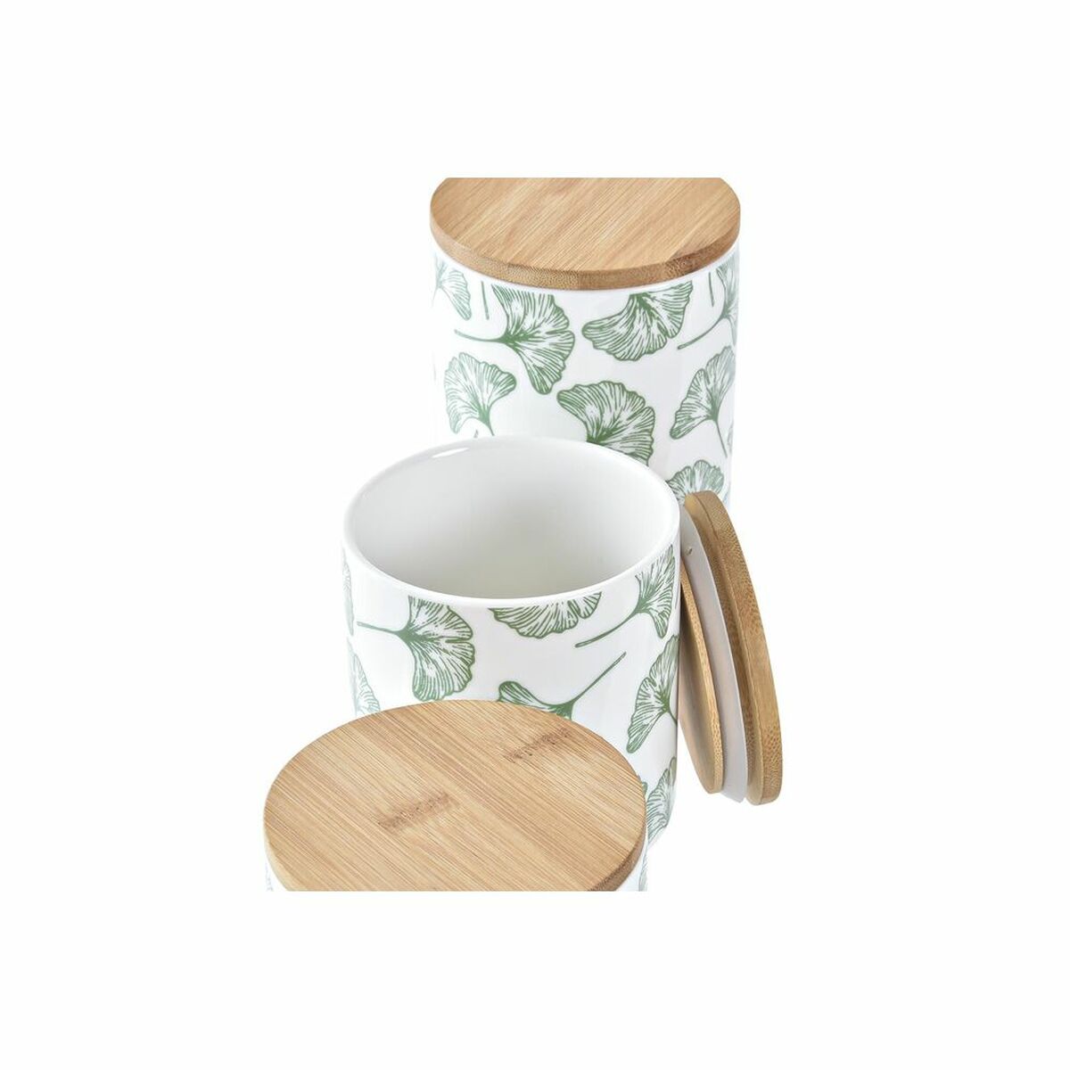 Set di 3 Barattoli DKD Home Decor Naturale Bianco Verde Bambù Gres Tropicale 10 x 10 x 17 cm - Immagine 3