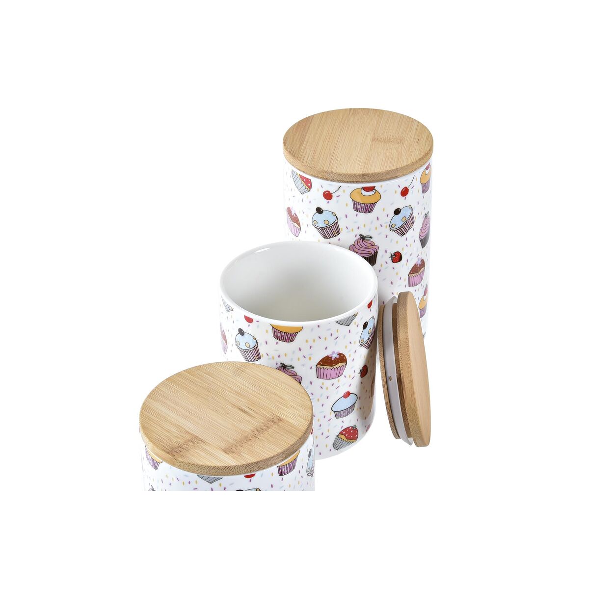 Set di 3 Barattoli DKD Home Decor Naturale Bianco Multicolore Bambù Gres 10 x 10 x 17 cm Cupcake - Immagine 3