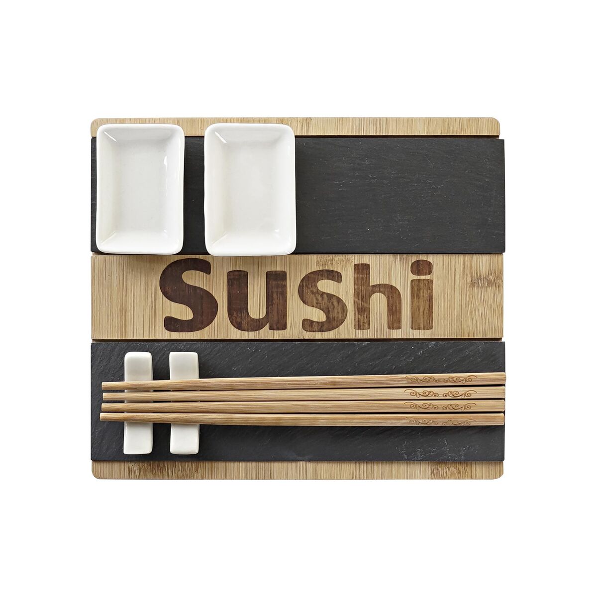Set per Sushi DKD Home Decor Nero Naturale Bambù Lavagna Orientale 25 x 22 x 3 cm - Immagine 3