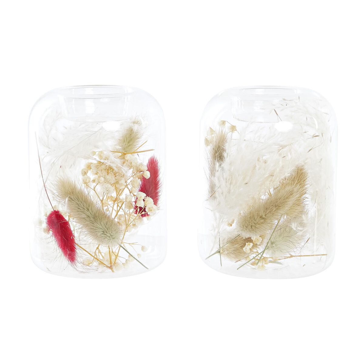 Portacandele DKD Home Decor Fiore secco 8 x 8 x 11 cm Cristallo Beige Rosso Granato (2 Unità)