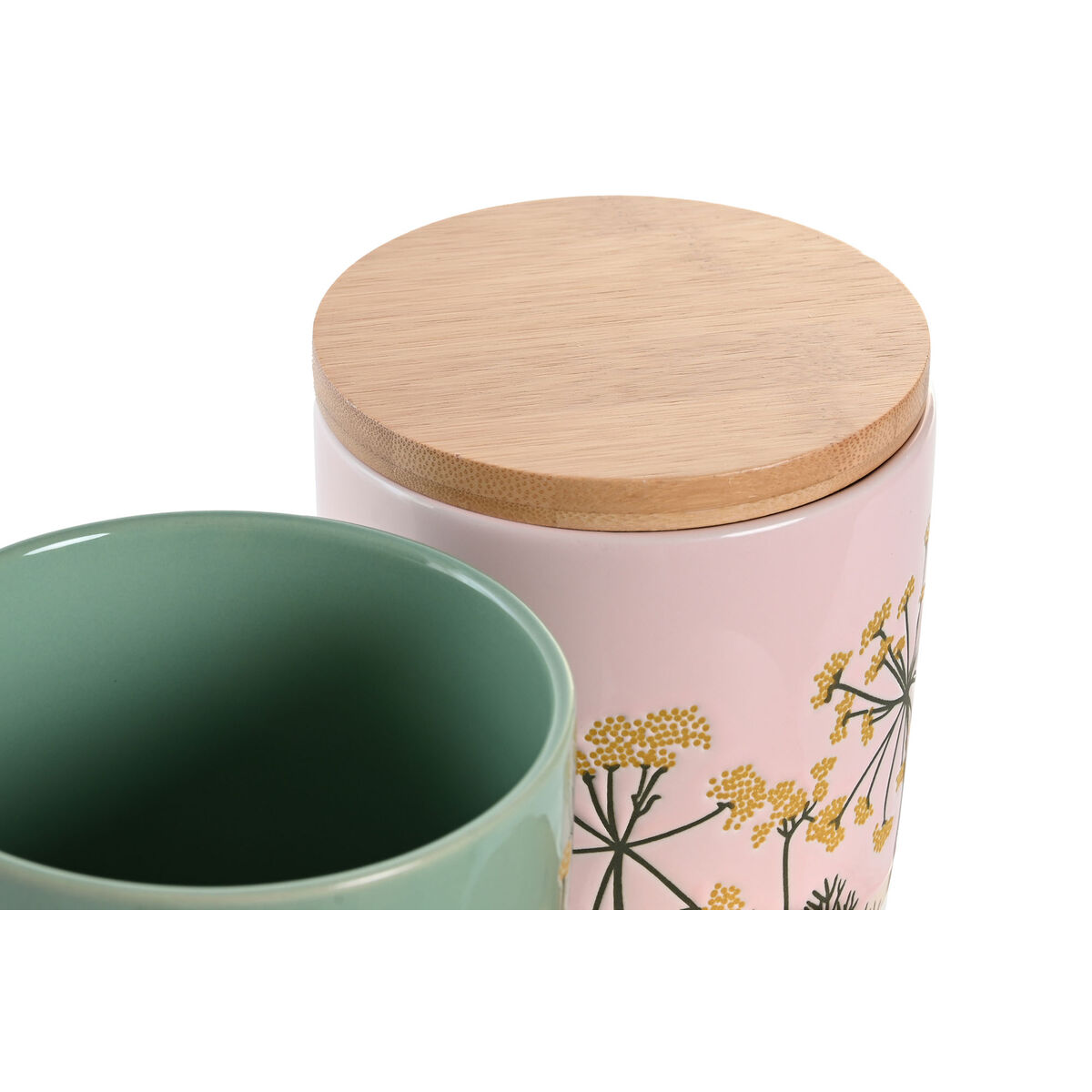 Barattolo DKD Home Decor 11,5 x 11,5 x 12 cm Floreale Rosa Verde Bambù Gres Shabby Chic (2 Unità) - Immagine 2
