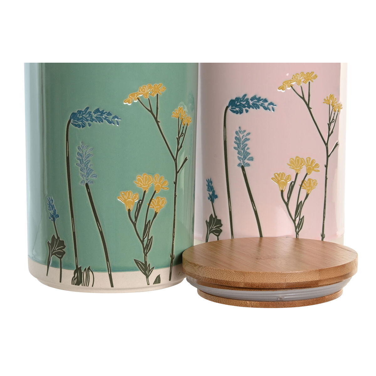 Barattolo DKD Home Decor 11,5 x 11,5 x 17,5 cm Floreale Rosa Verde Bambù Gres Shabby Chic (2 Unità) - Immagine 3