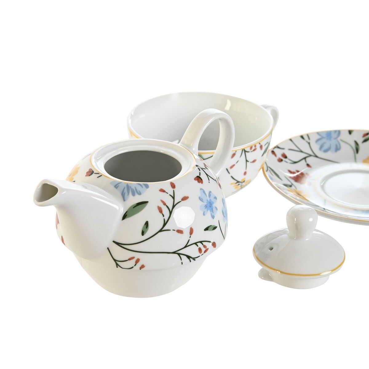Set Teiera DKD Home Decor Porcellana Azzurro Terracotta Bianco Giallo (3 Unità) - Immagine 2