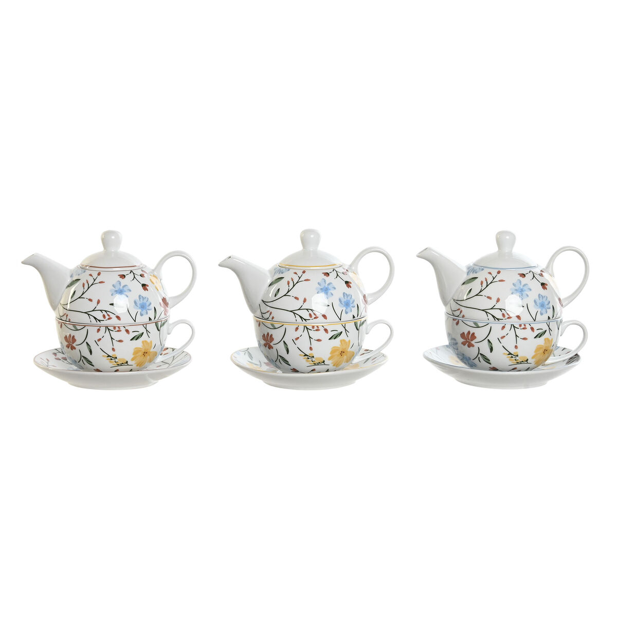 Set Teiera DKD Home Decor Porcellana Azzurro Terracotta Bianco Giallo (3 Unità) - Immagine 4