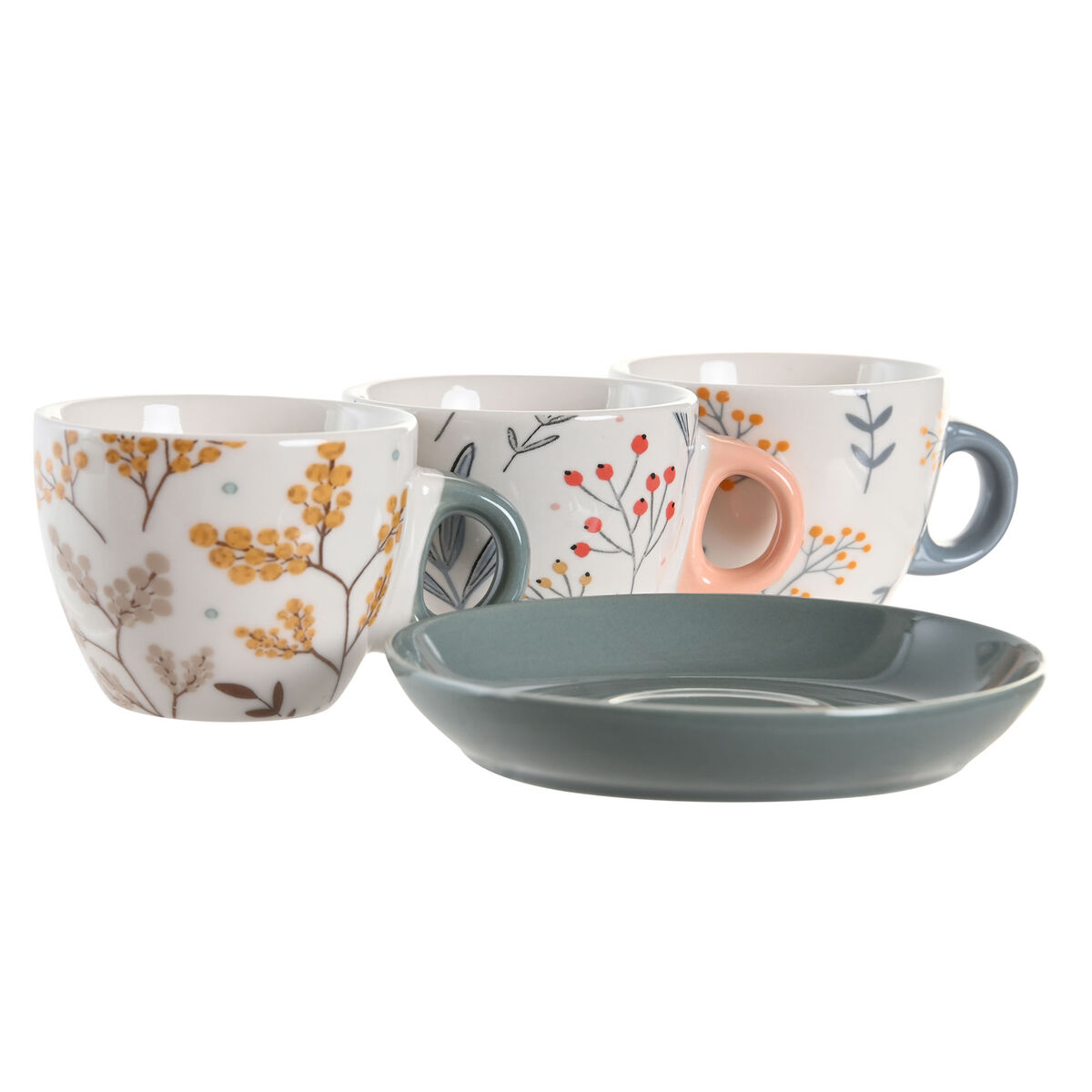 Set di Tazze e Piatti DKD Home Decor Azzurro Grigio Multicolore Rosa chiaro Porcellana 90 ml 11 x 11 x 2 cm (3 Unità) - Immagine 3