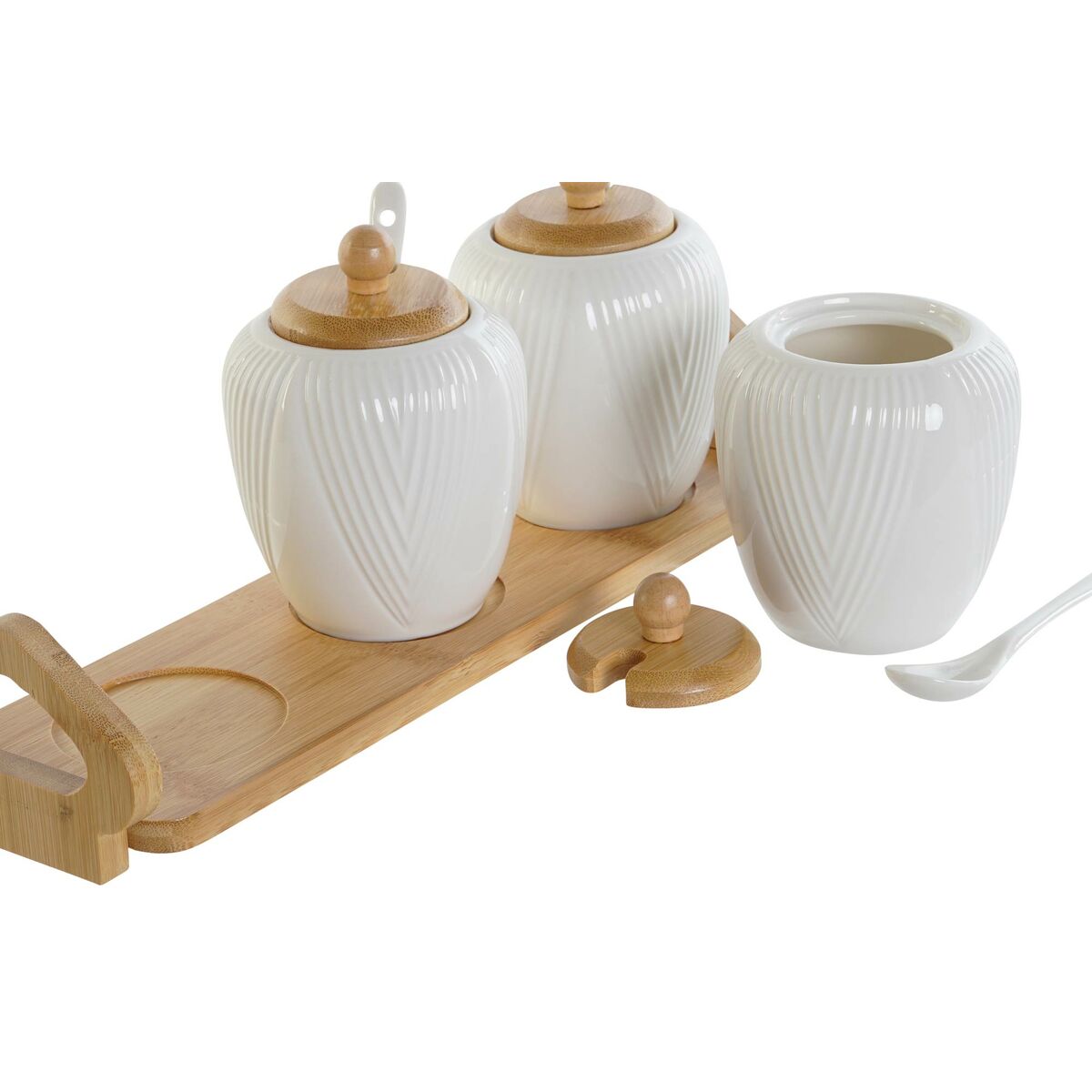 Portazucchero DKD Home Decor Bianco Naturale Bambù Porcellana 31 x 9 x 7 cm 4 Pezzi - Immagine 2