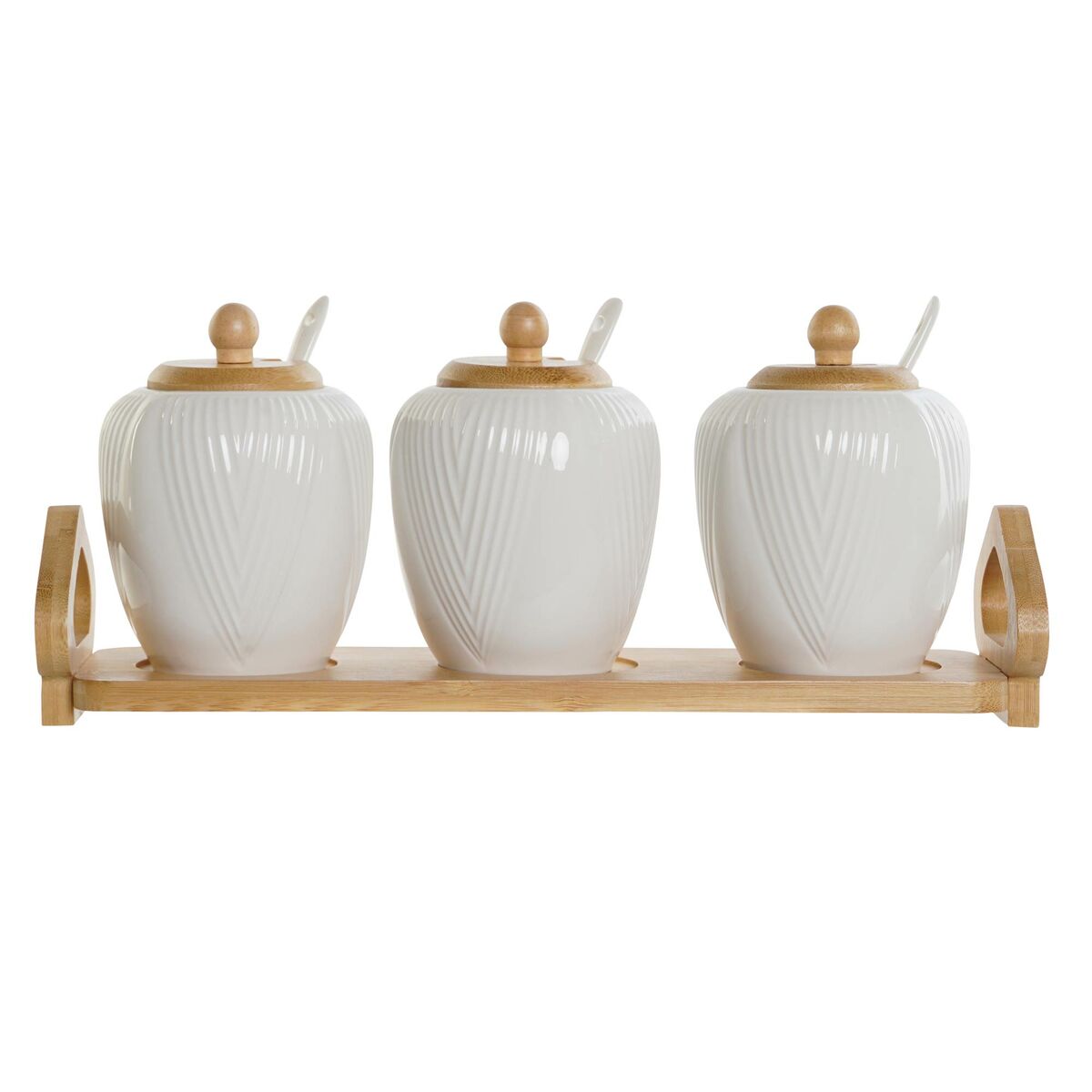 Portazucchero DKD Home Decor Bianco Naturale Bambù Porcellana 31 x 9 x 7 cm 4 Pezzi - Immagine 4
