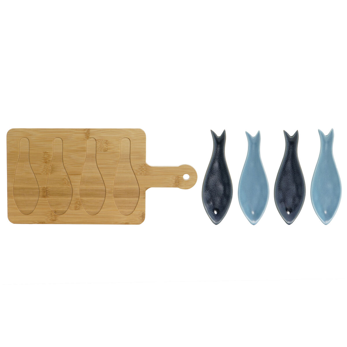 Set da Aperitivo Home ESPRIT Azzurro Verde Blu Marino Bambù Porcellana Mediterraneo Pesci 36 x 18 x 1,3 cm 5 Pezzi - Immagine 5