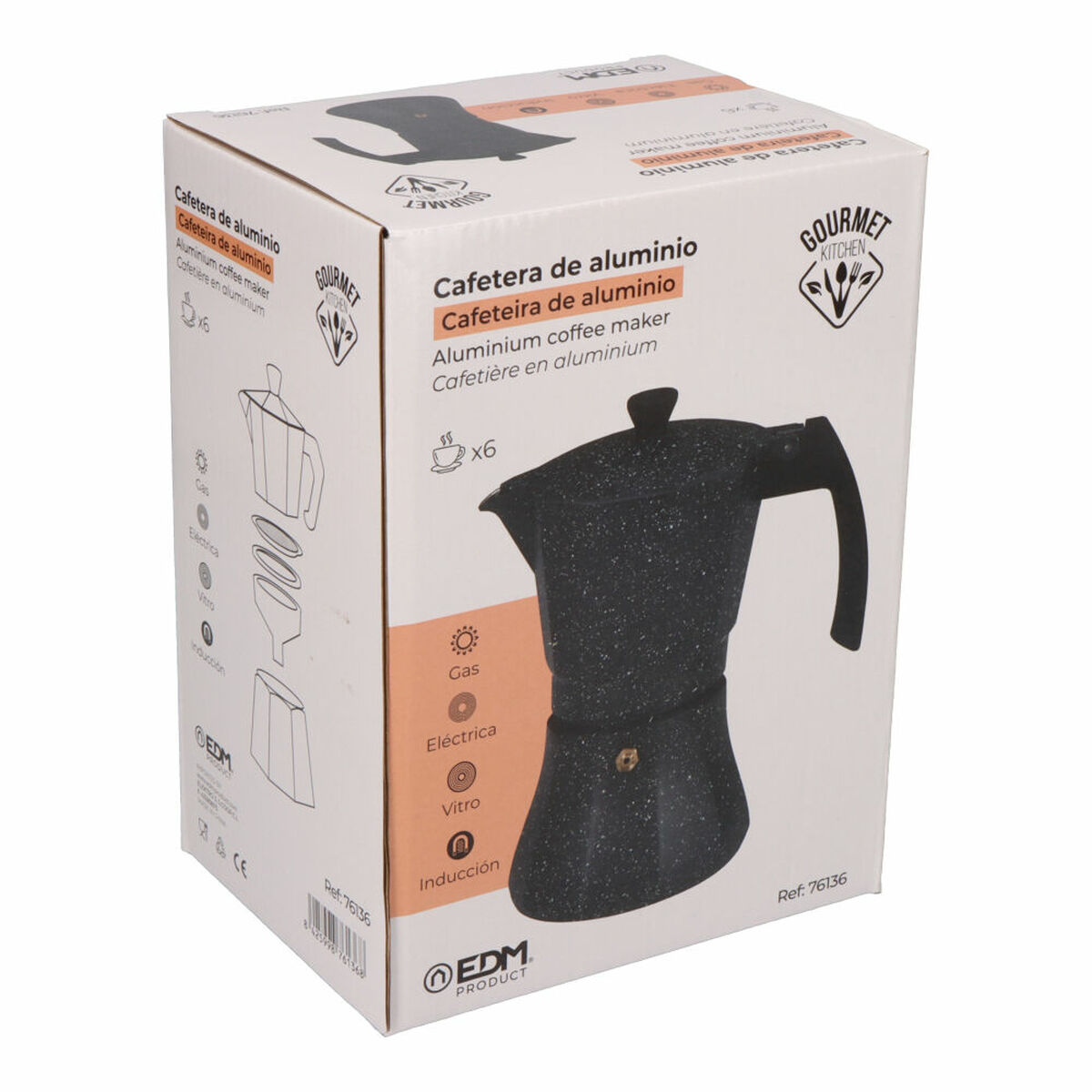 Caffettiera Italiana EDM Nero Alluminio 6 Tazze Induzione - Immagine 2