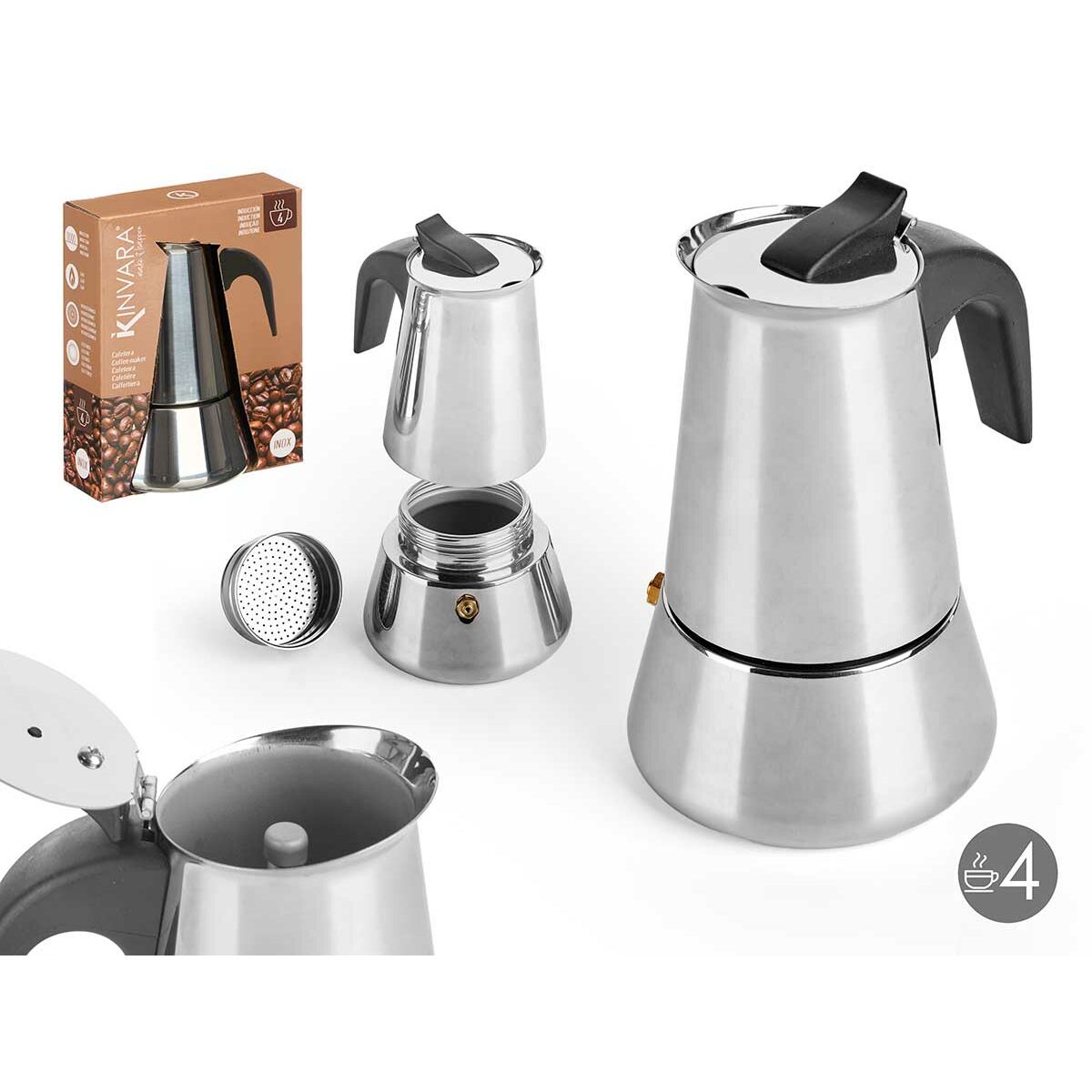 Caffettiera Italiana Kinvara Nero Argentato Acciaio Plastica 4 Tazze - Immagine 4