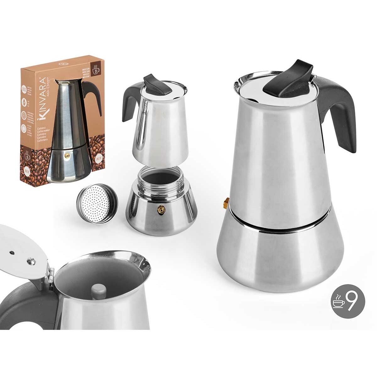 Caffettiera Italiana Kinvara Nero Argentato Acciaio Plastica 9 Tazze - Immagine 3