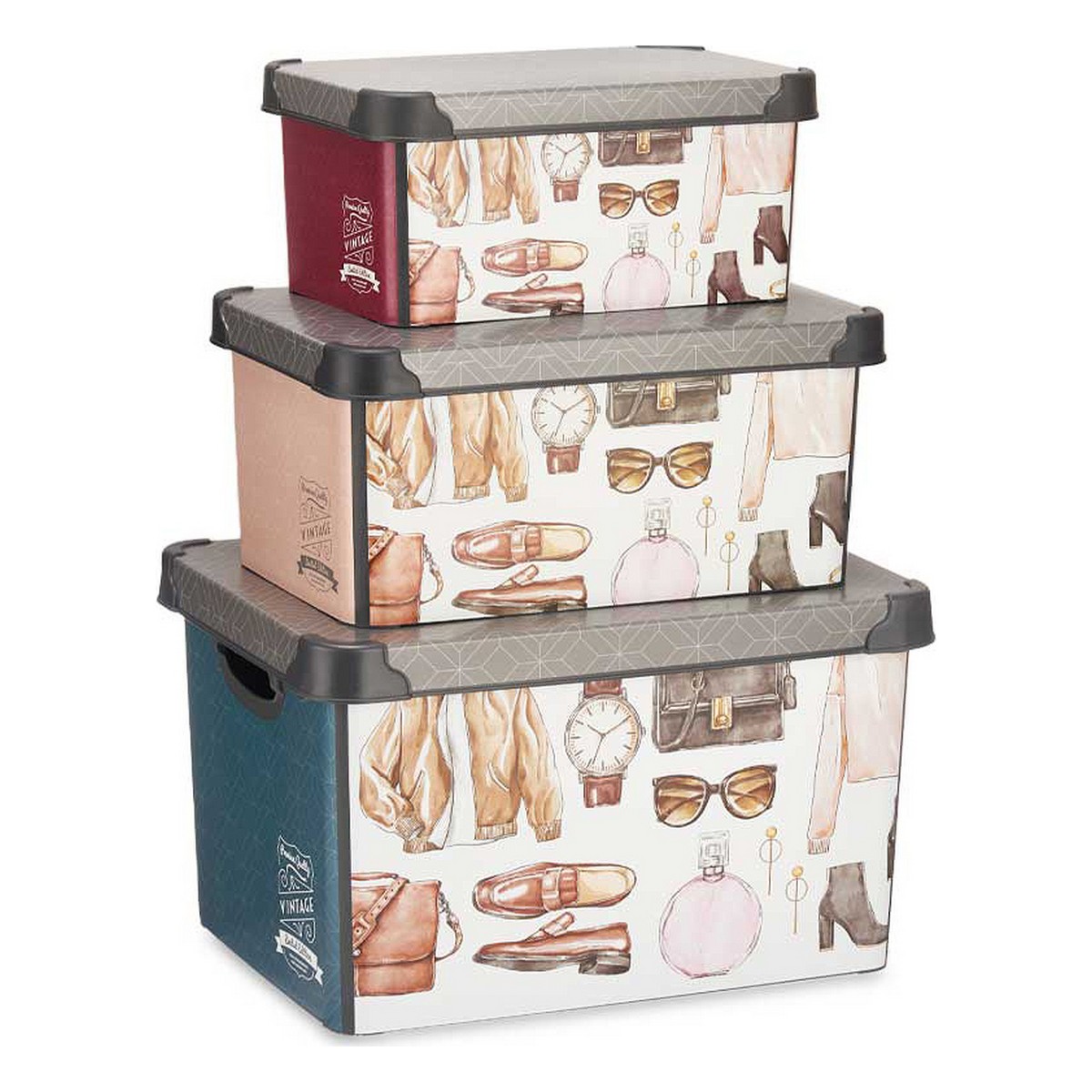 Set di Scatole per Sistemare Impilabili Kipit Vintage Plastica Stampa Vintage