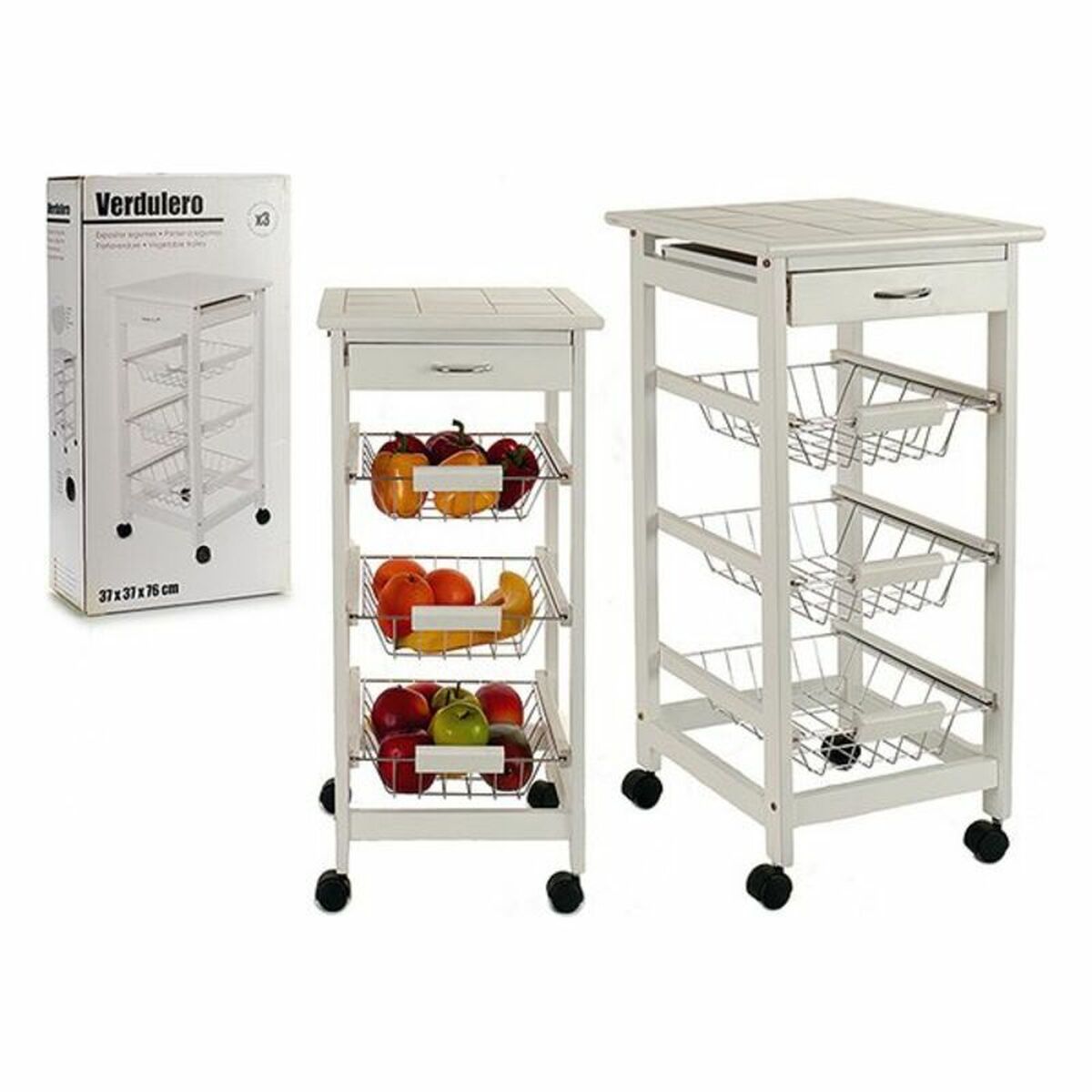 Carrello per Verdure Kinvara Bianco Metallo Legno di pino Piastrella 37 x 76 x 37 cm Stand a 3 piani