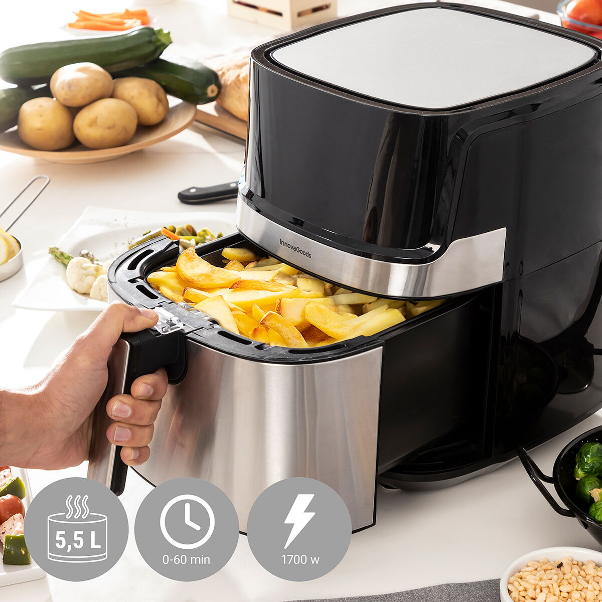 Friggitrice ad Aria InnovaGoods Fryinn Pro 5500 Nero 1700 W 5,5 L Acciaio inossidabile - Immagine 4