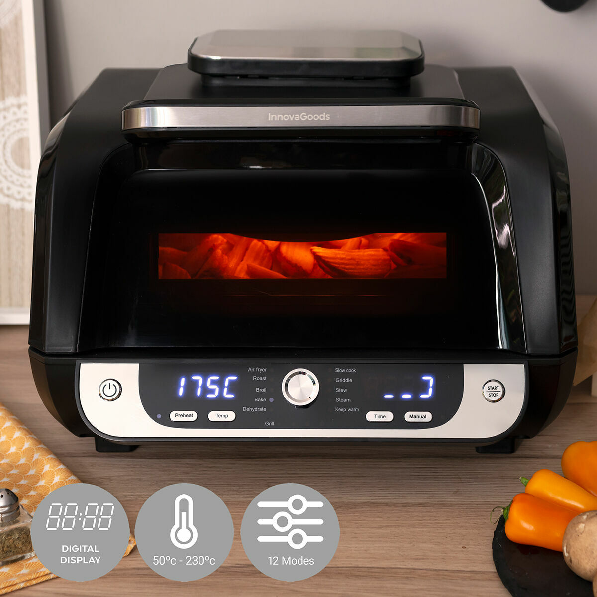 Friggitrice ad Aria con Grill, Accessori e Ricettario InnovaGoods Fryinn 12-in-1 6000 Nero Acciaio 3400 W 6 L - Immagine 6