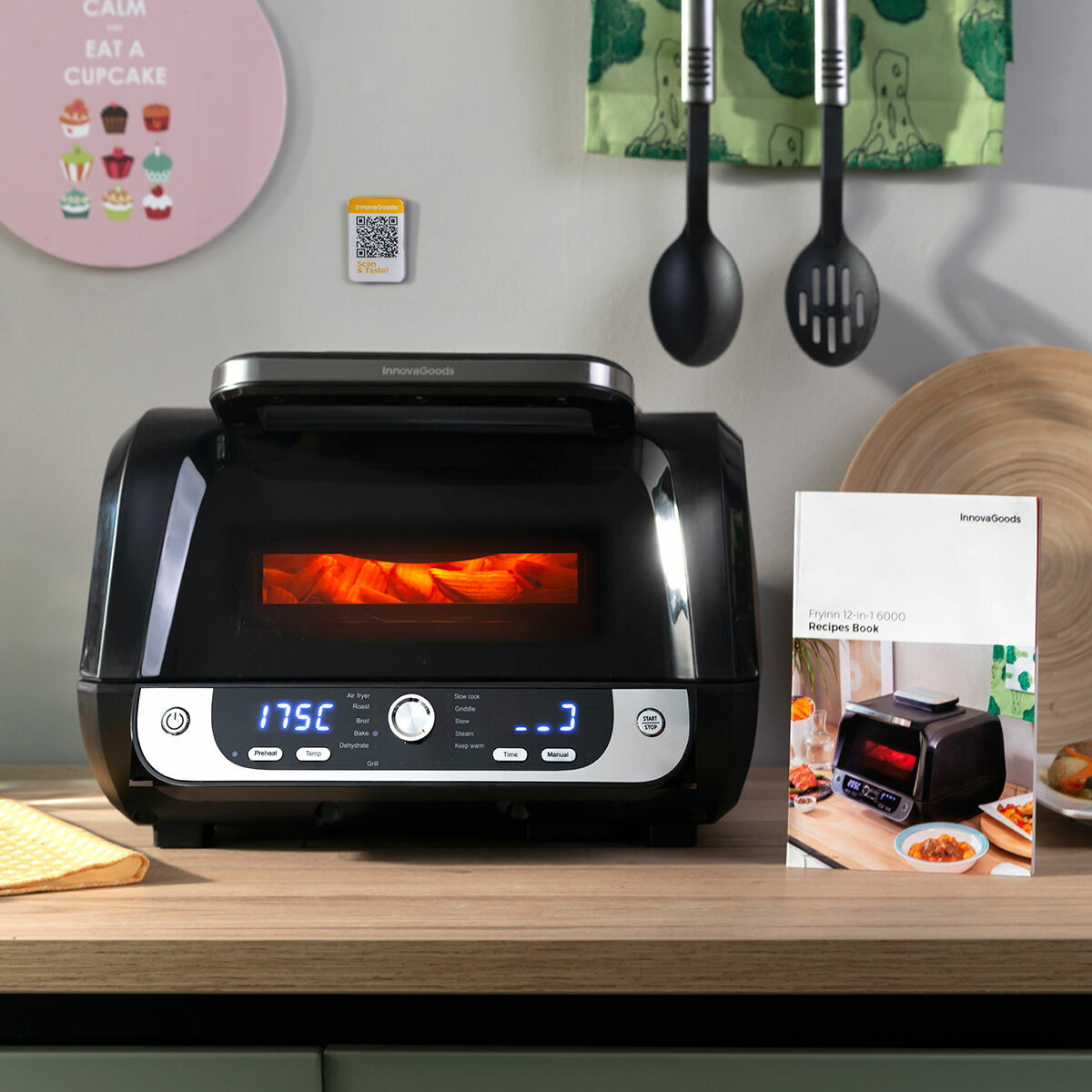 Friggitrice ad Aria con Grill, Accessori e Ricettario InnovaGoods Fryinn 12-in-1 6000 Nero Acciaio 3400 W 6 L - Immagine 8