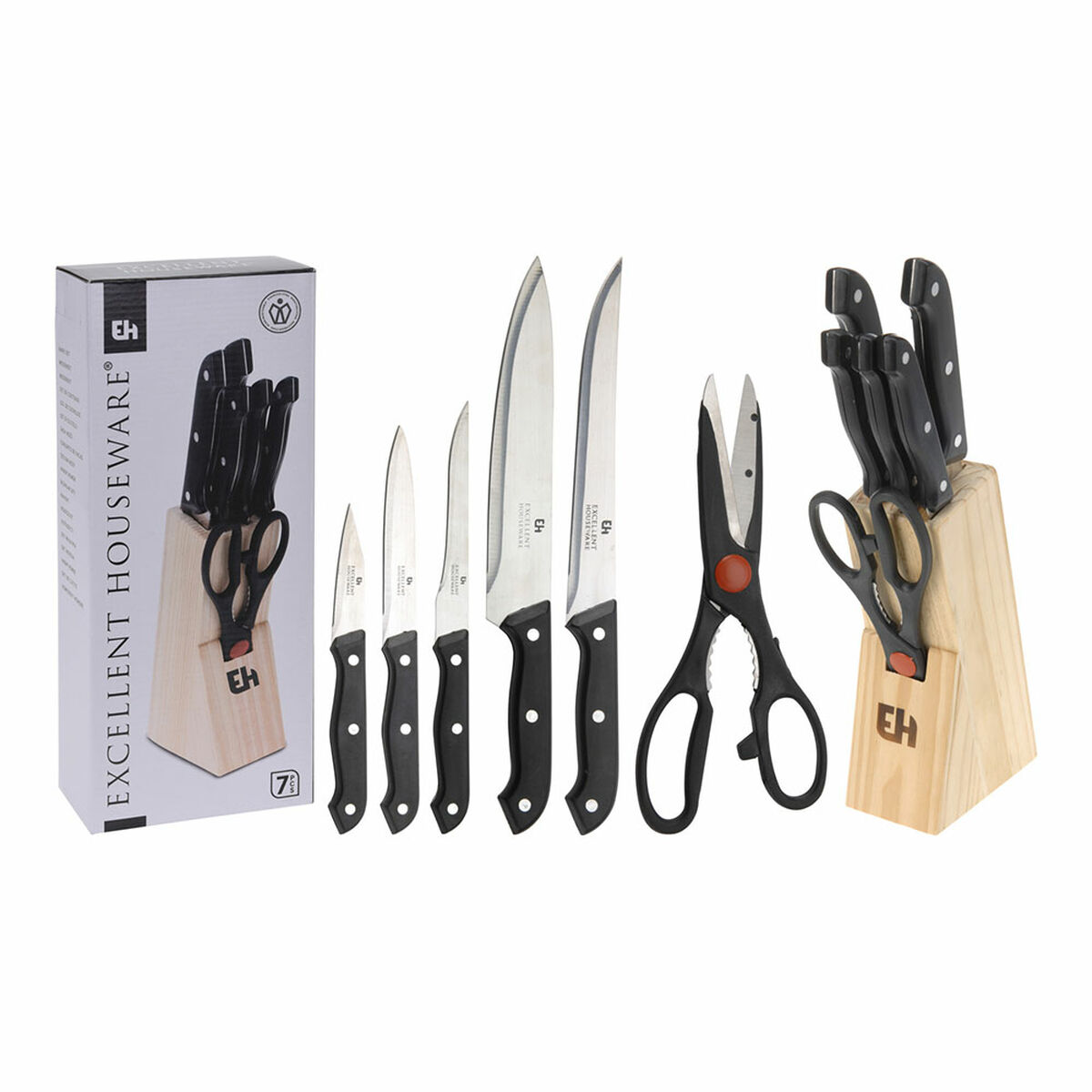 Set di Coltelli da Cucina con Supporto Excellent Houseware Forbicine 7 Pezzi Nero Legno Acciaio inossidabile polipropilene - Immagine 2