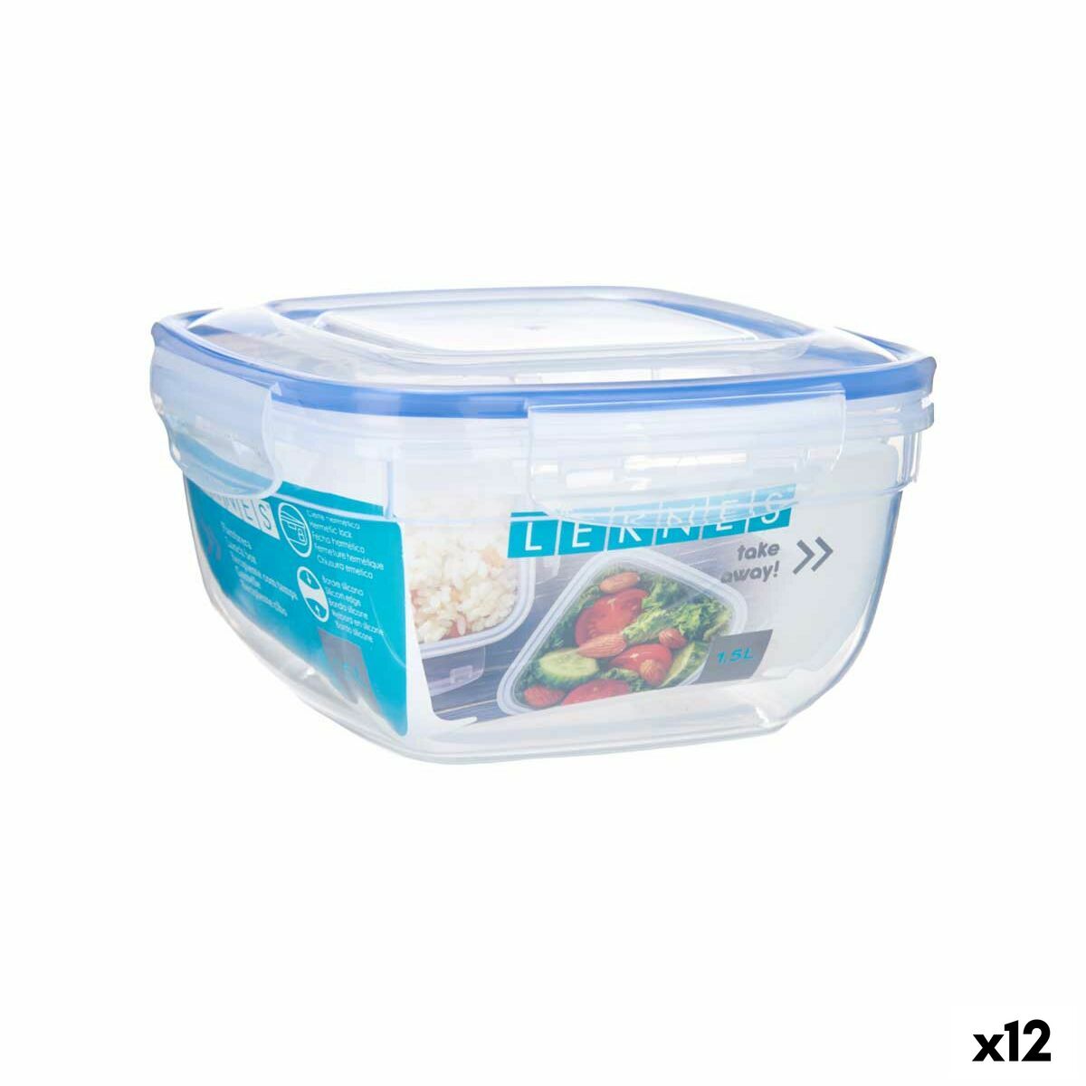 Porta pranzo Ermetico Leknes Trasparente polipropilene Quadrato 1,5 L (12 Unità)