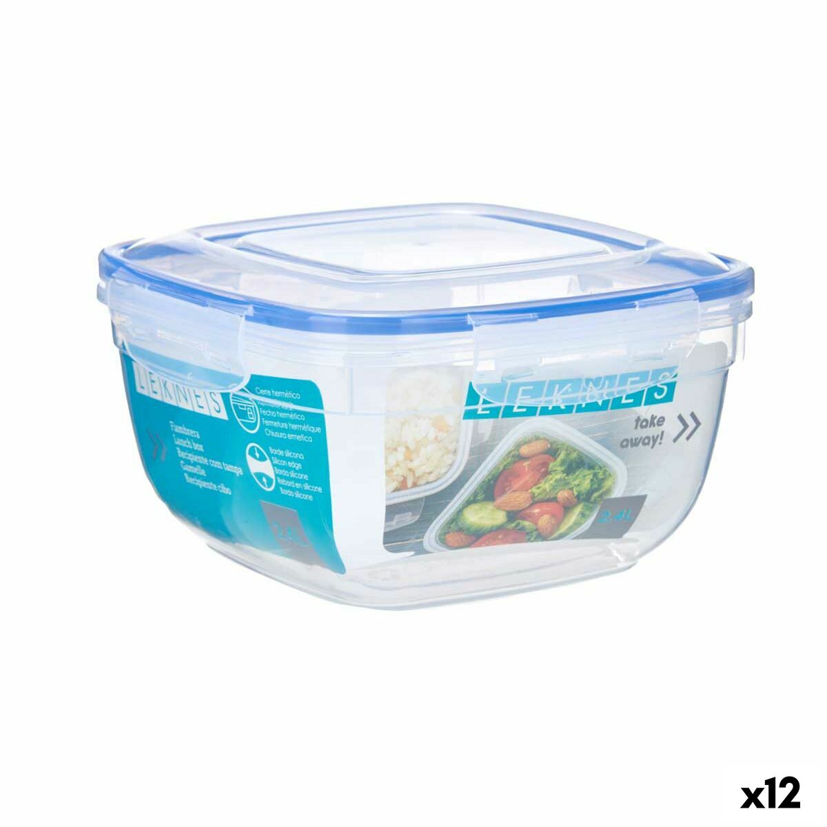 Porta pranzo Ermetico Leknes Trasparente Plastica Quadrato 2,4 L (12 Unità)