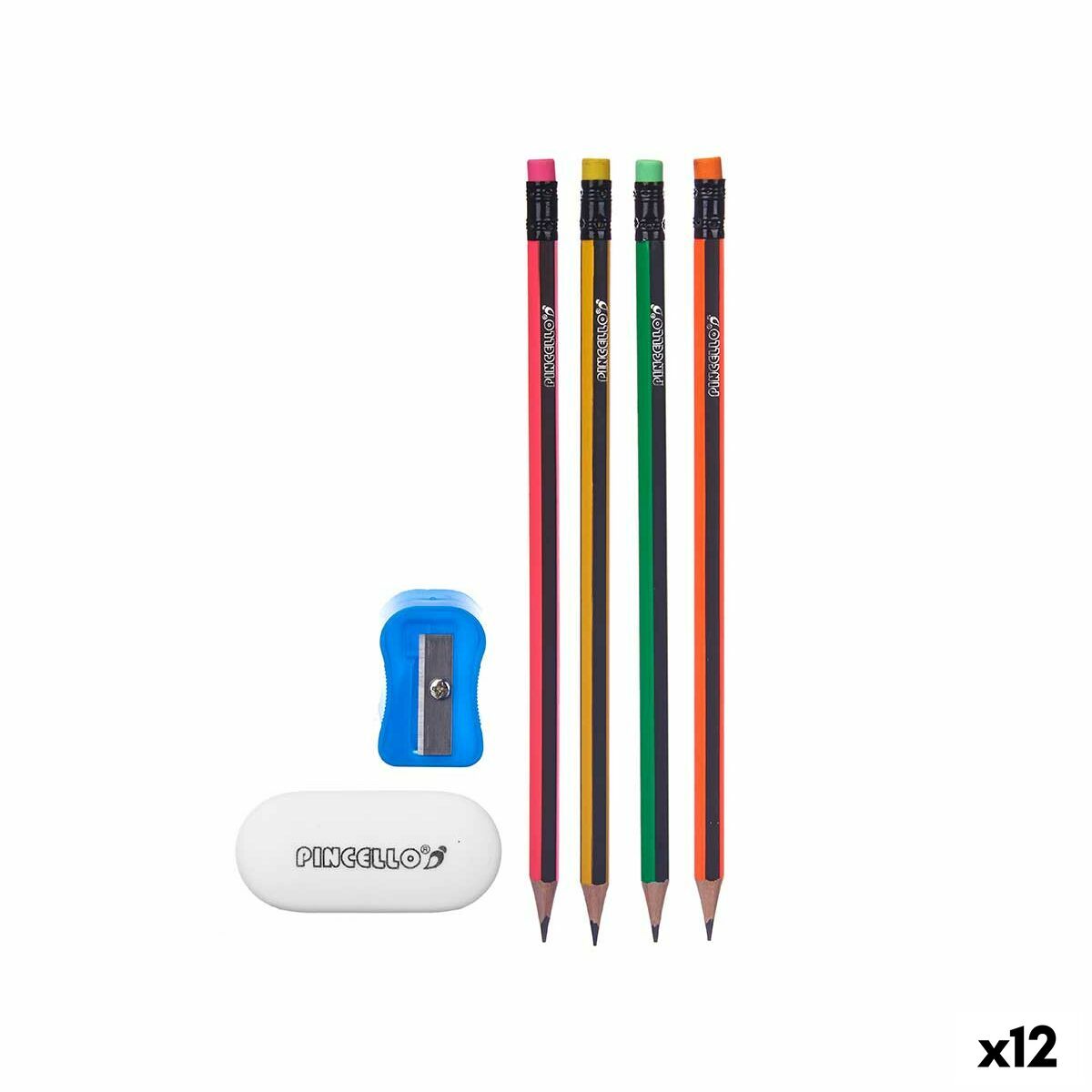 Set di Matite Pincello Giallo Rosso Verde Rosa Temperamatite Gomma da cancellare (12 Unità)