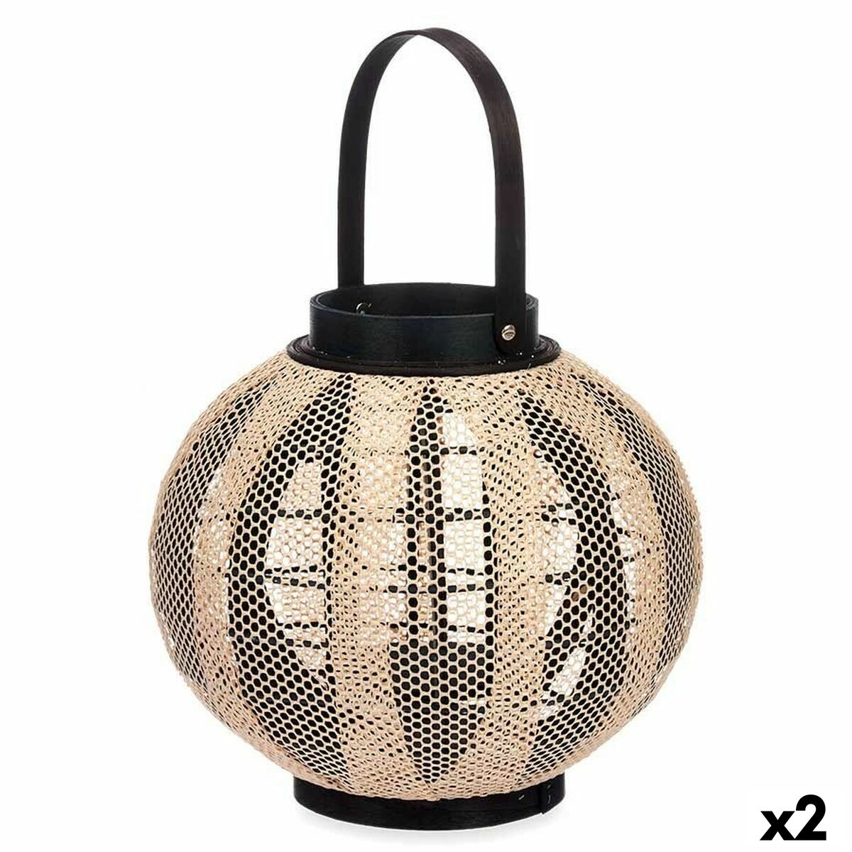 Lanterna Gift Decor Nero Beige Legno Stoffa Vetro Lanterna 30 x 30 x 30 cm Con maniglia (2 Unità)