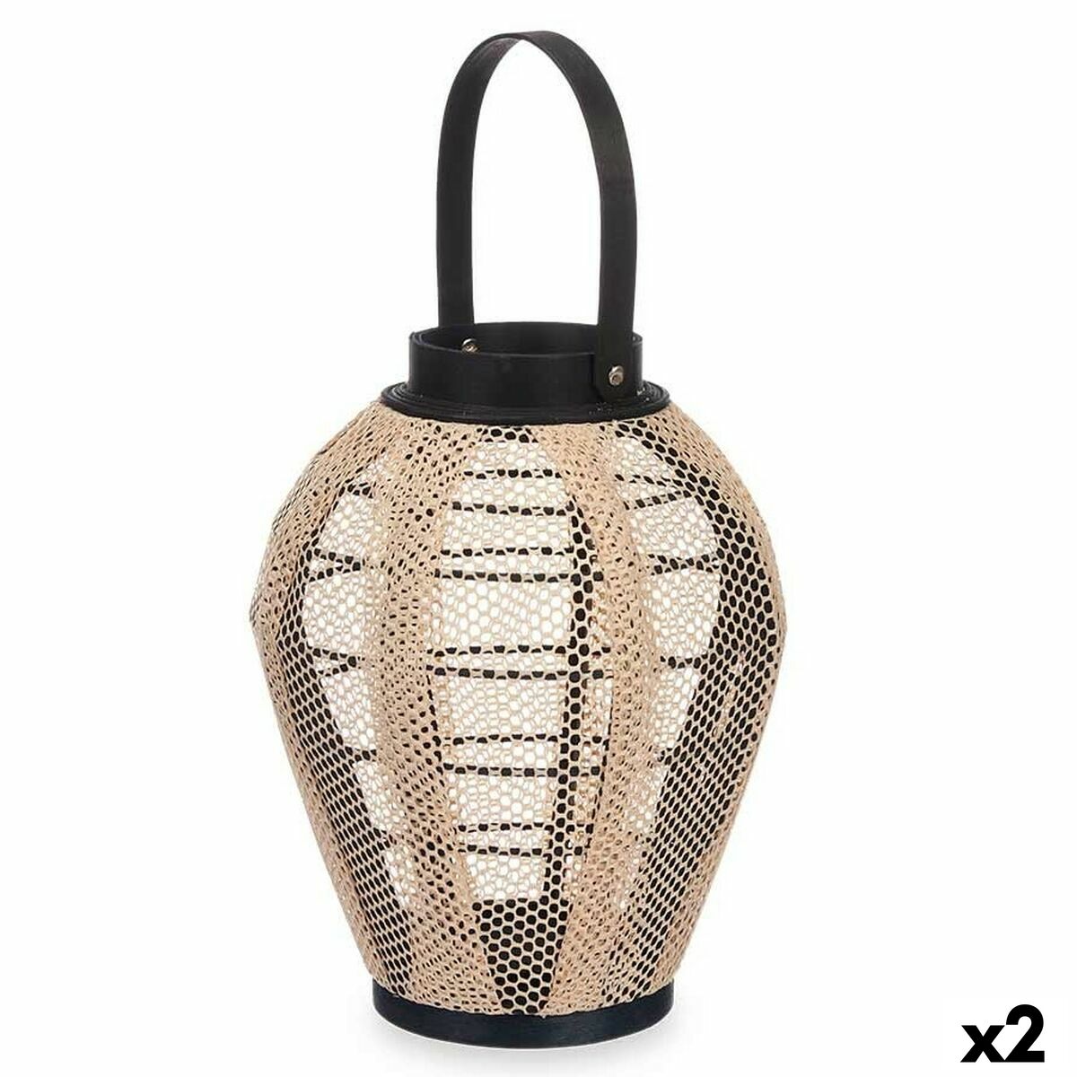 Lanterna Gift Decor Nero Beige Legno Stoffa Vetro Lanterna 25 x 30 x 25 cm Con maniglia (2 Unità)