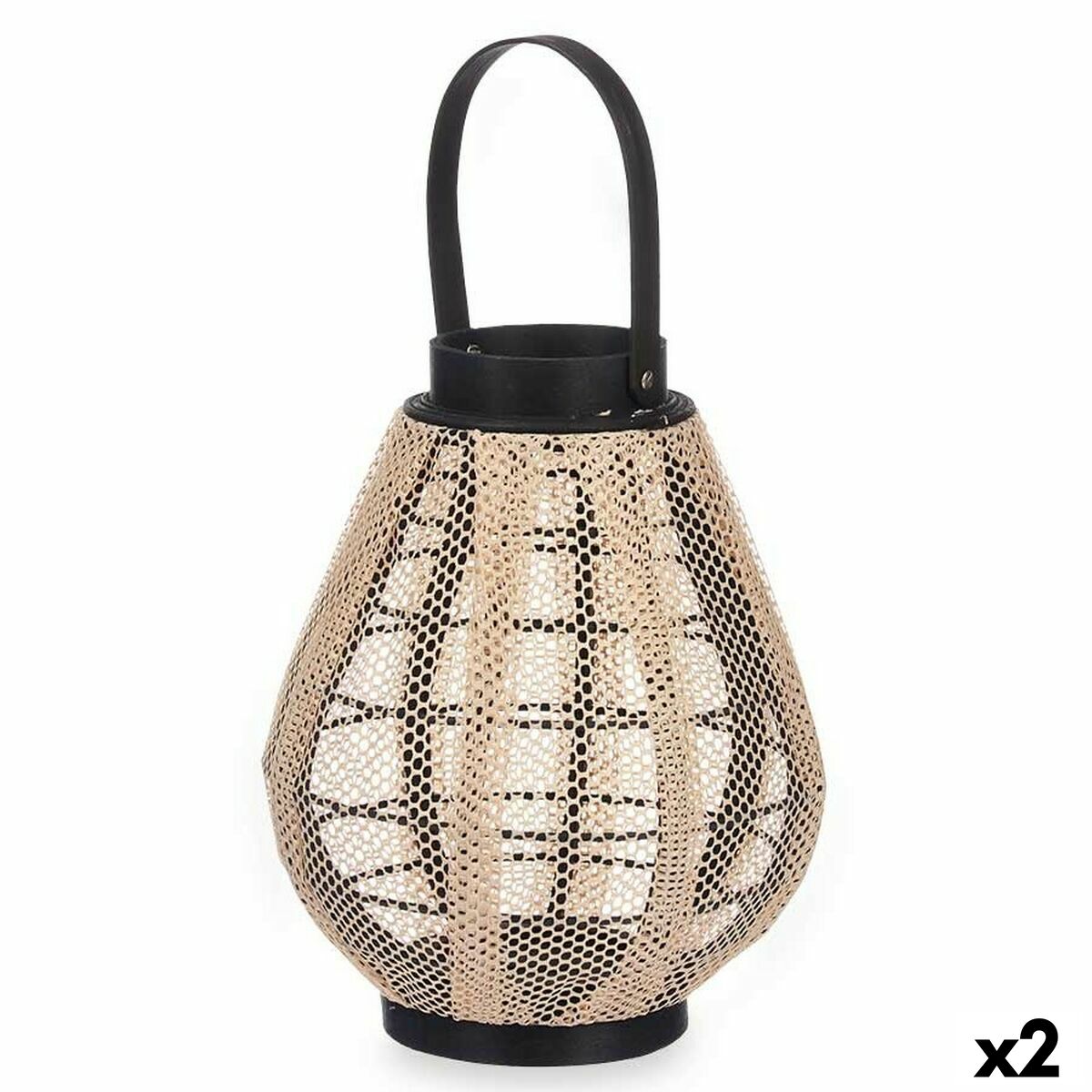 Lanterna Gift Decor Nero Beige Legno Stoffa Vetro Lanterna 25 x 30 x 25 cm Con maniglia (2 Unità)