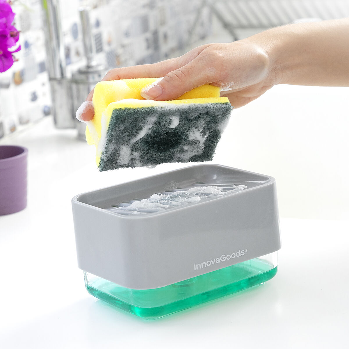 Dispenser di Sapone 2 in 1 per Lavandino Pushoap InnovaGoods - Immagine 3