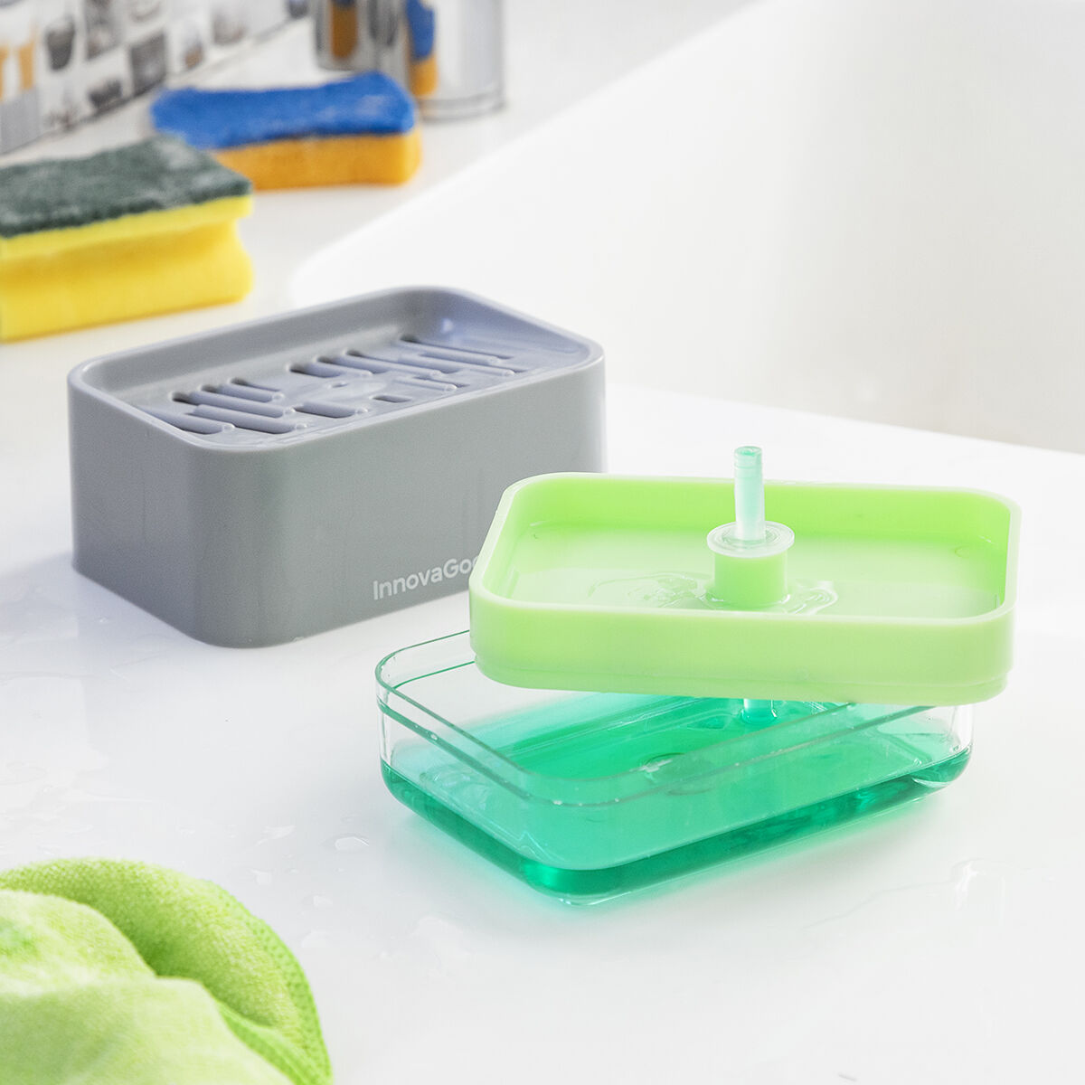 Dispenser di Sapone 2 in 1 per Lavandino Pushoap InnovaGoods - Immagine 4