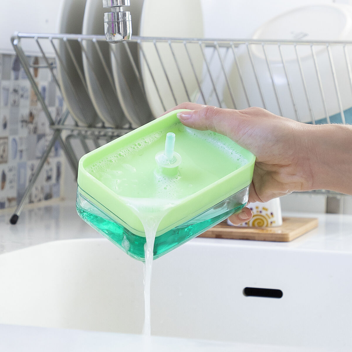 Dispenser di Sapone 2 in 1 per Lavandino Pushoap InnovaGoods - Immagine 5